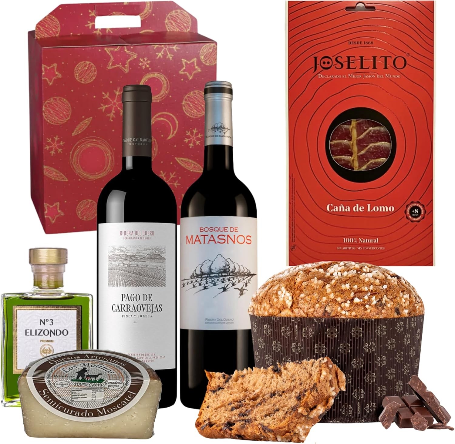 Caja Roja con Vino Carraovejas, Bosque Mataasnos, Queso Molino, Sobre Lomo Joselito, Aceite Elizondo y Panettone Antonella