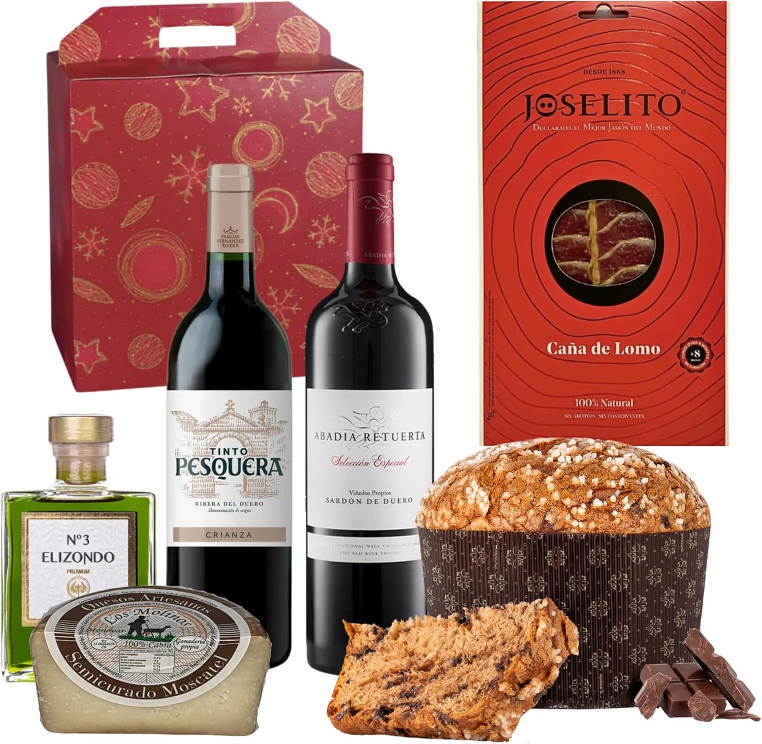Caja Roja con Vino Abadía Retuerta, Pesquera, Lomo Joselito, Aceite, Queso y Panettone