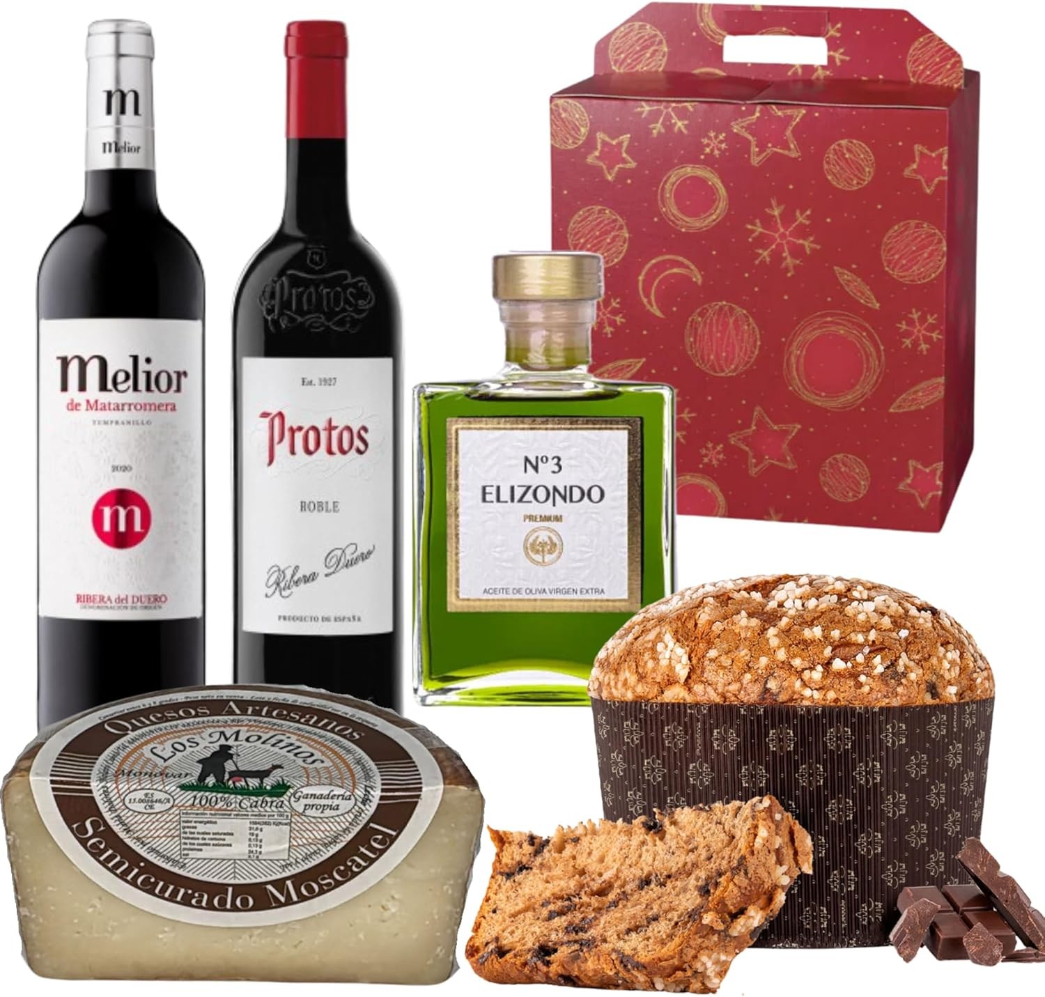Caja Roja con Vino Melior Matarromera, Protos, Aceite Elizondo 200ml, Queso Molinos y Panettone Antonella Chocolate