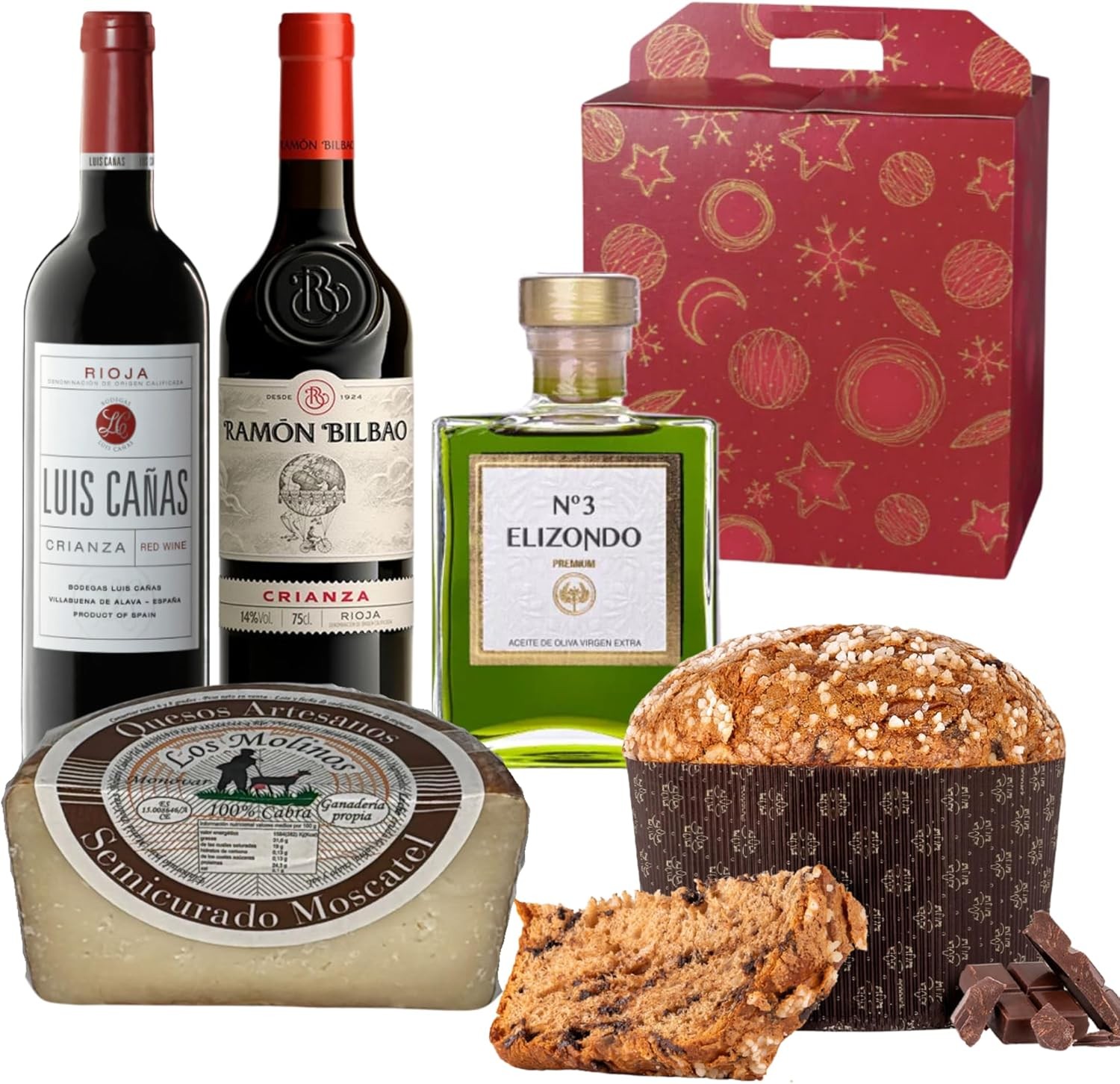 Caja Roja con Vino Ramon Bilbao, Luis Cañas, Aceite Elizondo 200ml, Queso Molinos y Panettone Antonella Chocolate