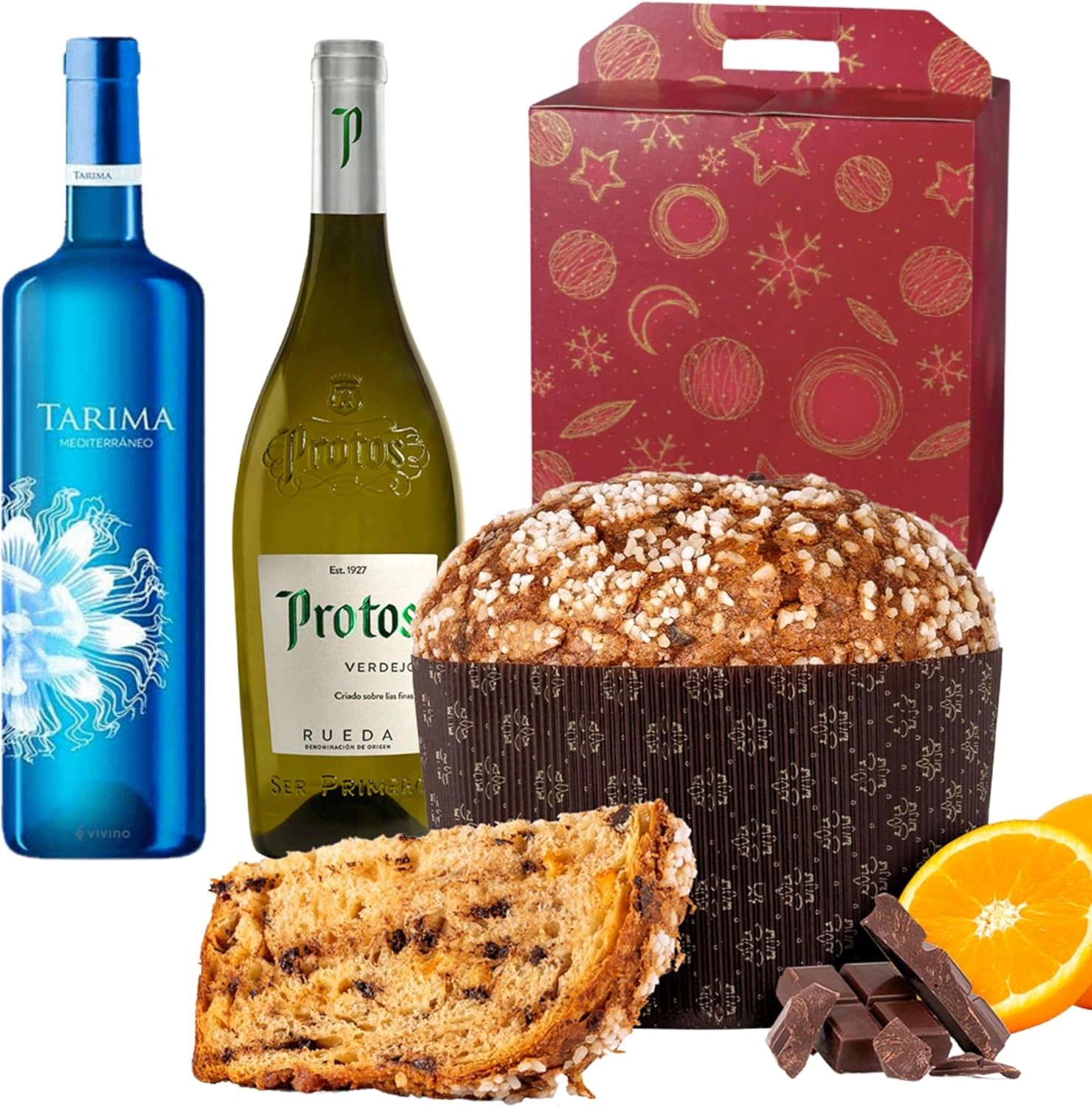 Caja Roja con Vino Blanco Protos Verdejo, Tarima Mediterraneo y Panettone Antonella Chocolate & Naranja
