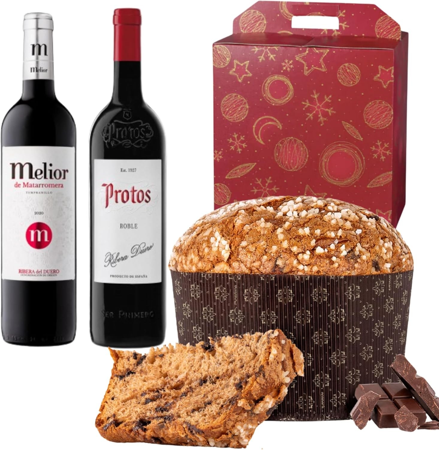 Caja Roja con Vino Protos Roble, Melior Matarromera y Panettone Antonella Chocolate