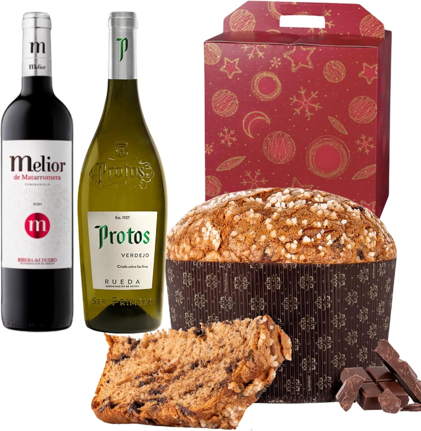 Caja Roja con Vino Melior Matarromera, Vino Protos Verdejo y Panettone Antonella Chocolate