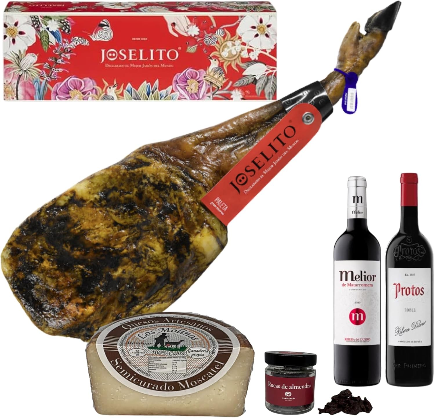Caja Gourmet con Paleta Joselito, Vino Tinto Melior Matarromera, Protos, Queso Molinos y Rocas de Chocolate de Raúl Asencio