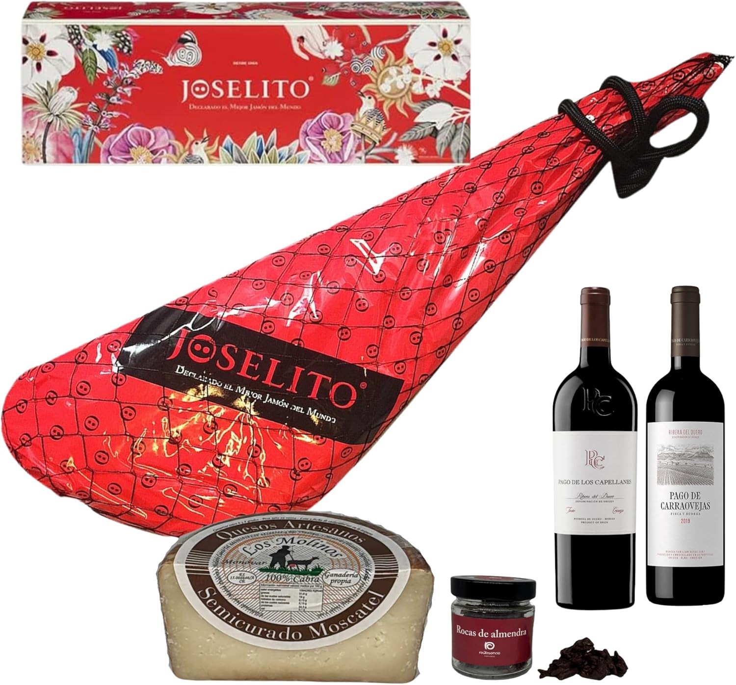 Caja Gourmet con Jamón Joselito, Vino Tinto Carraovejas, Capellanes Crianza, Queso Los Molinos y Rocas de Raúl Asencio