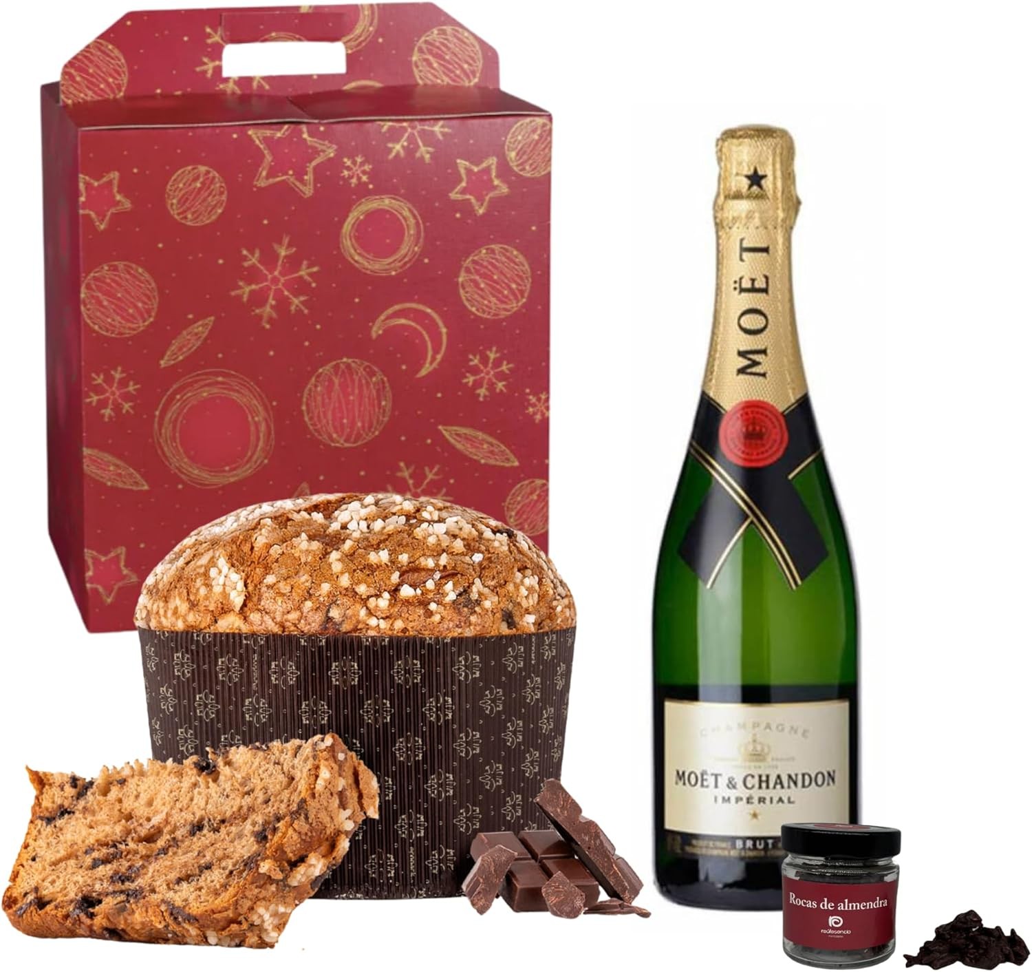 Caja Roja con Champagne Moet y Chandon, Panettone Antonella de Chocolate y Rocas de Raúl Asencio