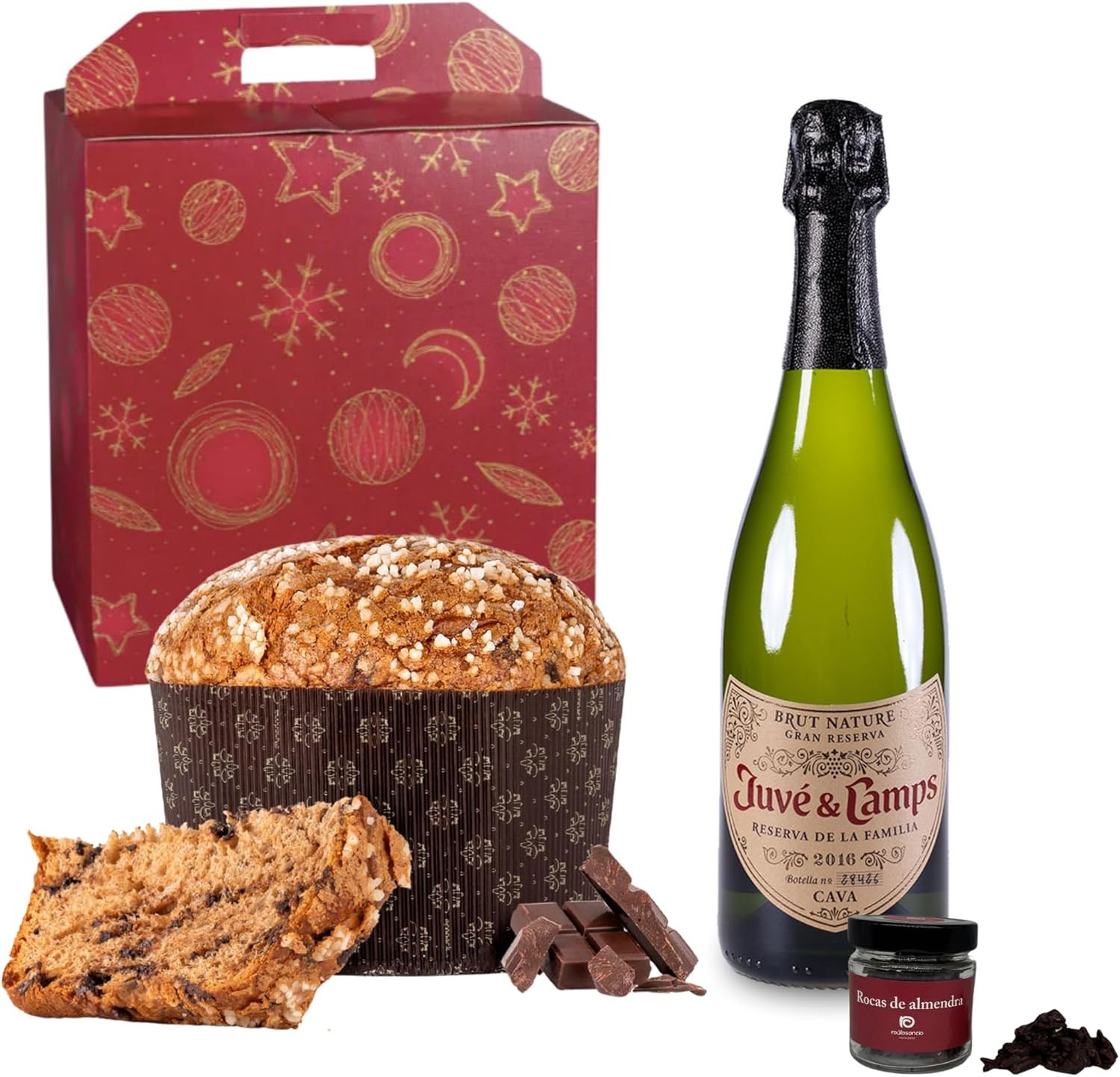 Caja Roja con Cava Juve Camps, Panettone Antonella Chocolate y Rocas de Raúl Asencio